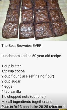 chocolate brownies on a table with instructions for how to bake them in the oven