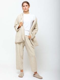 - 50% baby alpaca / 50% merino wool  - handloomed with a softly felted hand  - shawl collar hood  - pockets    - dry clean or hand wash cold with mild soap. do not bleach lay flat to dry low iron if needed  - made in peru Lauren Manoogian, Sea Ny, Straight Trousers, Baby Alpaca, Womens Size Chart, Low Iron, Outerwear Coats, Shawl Collar, Mild Soap