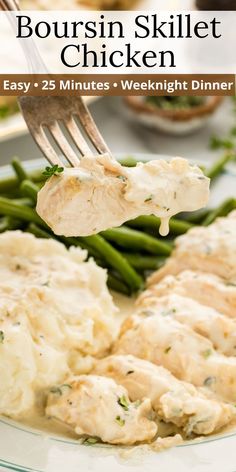 a plate with mashed potatoes, green beans and chicken is being eaten by a fork