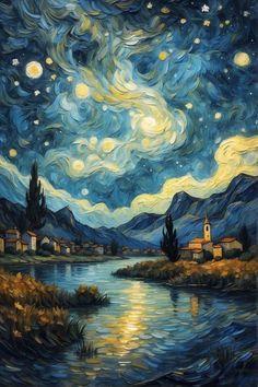 a painting of the night sky with stars and clouds over a body of water in front of mountains