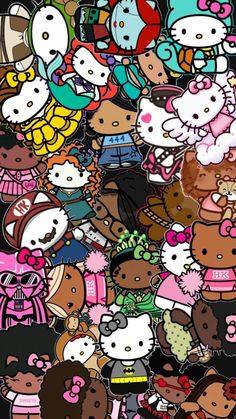 a bunch of hello kitty stickers that are all different colors and sizes on a black background