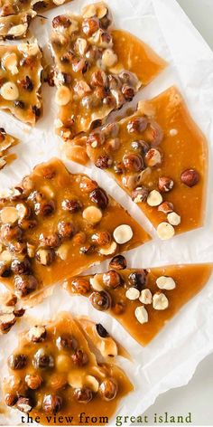 several pieces of caramel pecan nut brittle on wax paper with text overlay