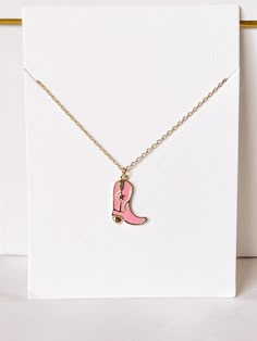 Pink Rodeo Boot Necklace | sassyshortcake.com | Sassy Shortcake Pink Jewelry With Gold Chain, Rodeo Necklace, Preppy Jewlery, Western Baddie, X Mas List, Preppy Necklace, Cute Phone Covers, Pink Cowgirl Boot, Cowgirl Necklace