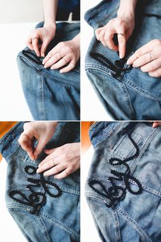 four images show how to sew an old pair of jeans with the word love on them