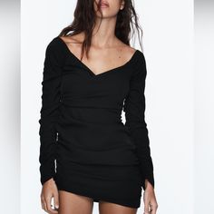 Zara Draped V-Neck Mini Dress. Ruched Detail Black Size L Nwt V-neck Bodycon Dress With Ruched Bodice For Night Out, V-neck Ruched Bodice Bodycon Dress For Date Night, Fitted Ruched V-neck Dress For Fall, Stretch V-neck Bodycon Dress With Ruched Bodice, Fitted V-neck Mini Dress With Ruched Sides, V-neck Mini Dress With Ruched Back For Night Out, Stretch V-neck Mini Dress With Ruched Back, Ruched V-neck Dress For Fall, Fall Ruched V-neck Dress