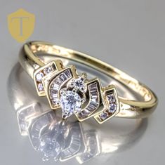 This modern 14K gold ring features a stunning 0.10 carat diamond at its center, beautifully accented by additional stones that enhance its brilliance. Weighing 2.6g and sized at 8.25, this ring offers a refined finger coverage of 6.7mm with a rise of 7.2mm, creating an elegant and eye-catching profile. Marked with "14k" and in great condition, this ring combines contemporary style with timeless elegance, making it a perfect choice for any occasion. Karat: 14K Weight: 2.6 g Size: 8.25 Approximate measurement: coverage: 6.7 / Rise: 7.2 Stone(Approx. Size):  Diamond 1 (0.10 cttw) w/ accents Marking: 14k  Condition: Great Approx Era: Modern DELIVERY Our shipping and handling is always fast & free unless otherwise stated. Once an order is placed and payment is received, all items are shipped wi 14k Gold Ring, Rings Statement, Contemporary Style, Gold Ring, Women Rings, Timeless Elegance, Gold Diamond, Statement Rings, Gold Rings