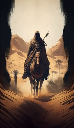 a man riding on the back of a horse through a desert covered in palm trees