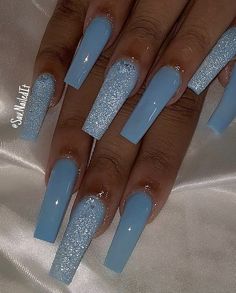 Teal Acrylic Nails, Baby Blue Acrylic Nails, Blue And Silver Nails, Blue Glitter Nails, Tips Nails, Teal Nails, Baby Blue Nails, Long Acrylic Nail Designs, Blue Acrylic Nails