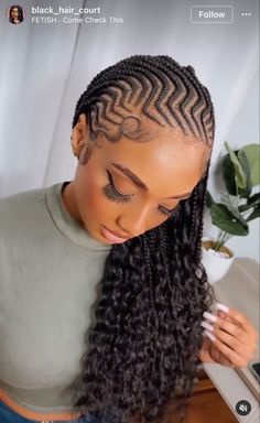 Braided Ponytail Hairstyles Cornrow, Feed In Cornrows With Box Braids, Black Goddess Hairstyles, Box Braids With Cornrows On Top, Cornrow With Box Braids In The Back, Zig Zag Braids For Black Women, Cornrows With Twists In The Back, Conrow Ponytails, Two Step Ghana Weaving Hairstyles