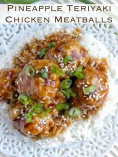 pineapple teriyaki chicken meatballs on white rice with green onions and sesame seeds