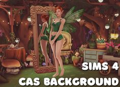 a woman in green is standing next to a mirror with the words sims 4 cas background