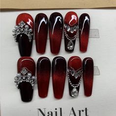 10 Pc Red Halloween Costume Gothic Punk Black Handmade Press On Nails Size M Red Black Silver Nails, Red Gothic Nails, Vampire Ballerina, Black Gothic Nails, Nails Black And Red, Red Halloween Costume, Nail Art Square, Black Silver Nails, Press On Nails Size