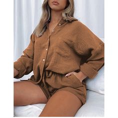 Coffee Cotton Blend Pocket Shirt with Shorts Set Casual Brown Shorts For Loungewear, Brown Tops With Pockets For Loungewear, Brown Tops With Pockets For Day Out, Brown Top With Pockets For Day Out, Pocket Shirt, Shorts Set, Short Sets, Lounge Wear, Cotton Blend