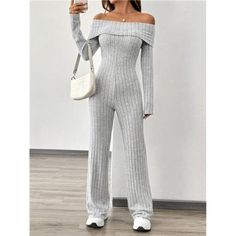 -Item Id 39210667 -Details: Rib-Knit -Neckline: Off The Shoulder -Sleeve Type: Regular Sleeve -Style: Casual -Waist Line: High Waist -Color: Grey -Pattern Type: Plain -Type: Other -Sleeve Length: Long Sleeve -Length: Long -Fit Type: Regular Fit -Fabric: Medium Stretch -Material: Fabric -Composition: 95% Polyester, 5% Elastane -Care Instructions: Machine Wash Or Professional Dry Clean -Body: Unlined -Sheer: No **Open To Offers!!!** **Bundle To Save More** **30% Off Bundles Of 2 Or More Items!!** Casual Fitted Ribbed Jumpsuits And Rompers, Chic Winter Jumpsuits And Rompers For Loungewear, Winter V-neck Jumpsuits And Rompers, Fitted Jumpsuits And Rompers For Winter, Knitted Jumpsuit, Boutique Pants, Knit Jumpsuit, Clean Body, Long Sleeve Jumpsuit