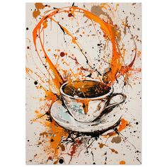 a painting of a coffee cup with orange splatters