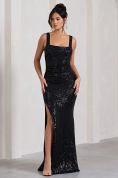 Yvonne Black Sequin Open-Back Bodycon Maxi Dress – Club L London - USA Pilgrim Clothing, Luxurious Dress, Maxi Design, Luxurious Dresses, Bodycon Maxi Dress, Leg Split, Strappy Stilettos, Bodycon Maxi Dresses, Black Tie Event