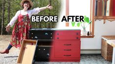 a woman standing in front of a red dresser