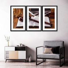 three framed photographs of judges gaven and books on a wall in a living room