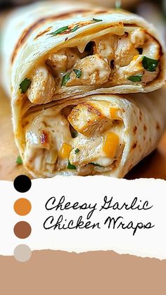 Quick, cheesy, and bursting with flavor, these Cheesy Garlic Chicken Wraps combine tender chicken, melty cheese, and garlic sauce for a mouthwatering experience!#CheesyChickenWraps #YumIn25Minutes #EasyDinners #WrapItUp #FamilyFavorite #FoodieLife Chicken Boneless Breast Recipes, Homemade Cookbook, Chicken With Olives, Healthy Grilling, Melty Cheese, Breast Recipe