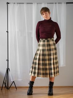 "A stunning 100% silk vintage pleated skirt with cream & black plaid pattern, with a touch of burgundy. It features classic sharp pleats, side zipper & hook closure. The mid-calf length and the high waist create a flattering silhouette. Lined. Material: 100% silk & viscose lining Condition: great vintage condition Size: best fits size M / EU 38 (size on tag: 40, not pinned) Please compare measurements with a similar piece of your own before purchase. Measurements (taken while lying flat, double Scottish Style Fitted Pleated Skirt For Fall, Elegant Fitted Plaid Skirt, Fall Scottish Pleated Skirt, Classic Pleated Plaid Skirt, Fitted Pleated Plaid Skirt, Scottish Style Fitted Plaid Pleated Skirt, Scottish Style Fitted Pleated Skirt, Guys In Skirts, Womens Pleated Skirt