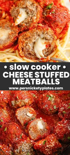 slow cooker cheese stuffed meatballs with tomato sauce and parmesan cheese on top