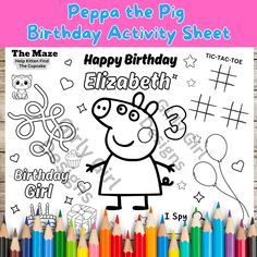 peppa the pig birthday activity sheet with colored pencils