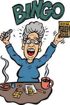 an old woman holding up a sign that says bingo