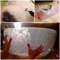 three pictures showing how to make a bowl with plastic wrapper and glue on it