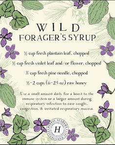 wild forager's syrup label with purple flowers and green leaves