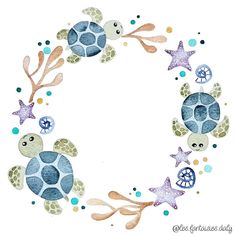 a watercolor painting of sea turtles and starfishs in a circle with bubbles