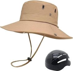 a hat with a helmet attached to the brim and one side has holes on it