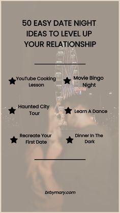 a flyer for an event with the words, 50 easy date night ideas to level up your