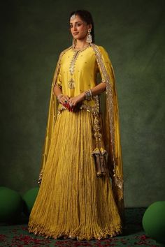 Yellow kurta with zardozi, sequin, pearl embroidery in floral pattern. Paired with crushed lehenga and dupatta. - Aza Fashions Crushed Lehenga, Embroidery Zardozi, Kurta Lehenga, Lehenga Pattern, Yellow Kurta, Lehenga Dupatta, Zardozi Work, Pearl Embroidery, Short Kurti