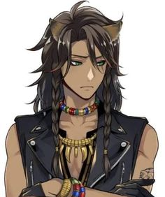 an anime character with long hair wearing a leather vest and bracelets, holding his arms crossed