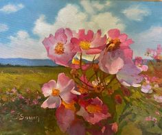 an oil painting of pink flowers in a field