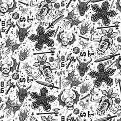 a black and white pattern with skulls, swords, and other items on it's surface