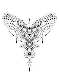 a black and white drawing of an owl with wings