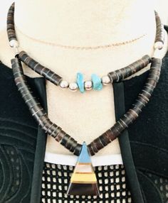 Santo Domingo Pueblo Sterling Silver Jet Tab Turquoise Shell Heishi Necklace 16” | eBay Southwestern Blue Necklace With Inlay, Southwestern Blue Inlay Necklace, Southwestern Style Blue Inlay Necklace, Southwestern Style Brown Necklace For Festival, Turquoise Spiritual Necklace With Inlay, Spiritual Turquoise Necklace With Inlay, Spiritual Turquoise Inlay Necklace, Southwestern Style Natural Stone Necklace For Festivals, Southwestern Brown Jewelry With Natural Stones