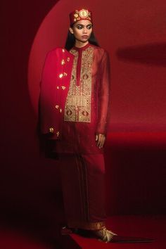 Crimson jodhpuri jacket with scattered gold plated mascot embellishments - Aza Fashions Red Long Sleeve Bandhgala For Designer Wear, Festive Red Long Sleeve Bandhgala, Festive Long Sleeve Red Bandhgala, Gold Long Sleeve Outerwear For Festivals, Festive Long Sleeve Outerwear With Gold Embroidery, Red Long Sleeve Bandhgala For Festivals, Traditional Gold Outerwear For Festive Occasions, Red Long Sleeve Bandhgala For Winter, Designer Sets With Gold Embroidery And Long Sleeves