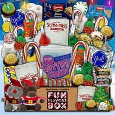 a box filled with assorted candy and candies