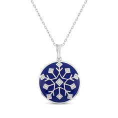 Create your own winter wonderland with this glistening snowflake necklace. Sterling silver White lab-created sapphires shimmer on the dark blue enamel disc pendant 18-inch cable chain with lobster clasp Blue Snowflake Sterling Silver Necklace, Blue Jewelry Christmas Gift, Blue Jewelry For Christmas Gift, Round Winter Jewelry Gift, Round Jewelry Gift For Winter, Blue Necklace For Christmas Gift, Snowflake Jewelry, Snowflake Necklace, White Lab