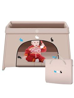 a baby in a playpen with its hand up