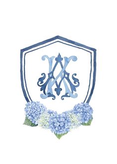 a blue and white crest with flowers on it