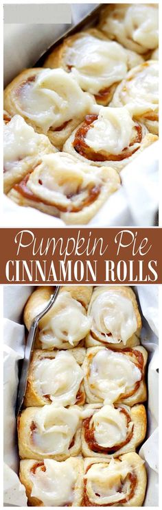 pumpkin pie cinnamon rolls in a baking pan with text overlay that reads pumpkin pie cinnamon rolls