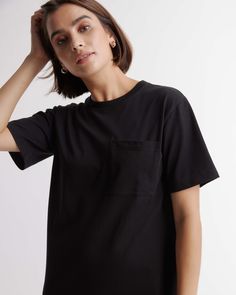 You found it, the perfect weekend dress. Warm-weather days call for our casual organic cotton T-shirt dress. It’s relaxed, it’s breathable, and always comfortable – with a crew neck, set-in sleeve, and chest pocket detail. An instant classic for any curated closet.  | Quince | Women's Relaxed T-Shirt Dress in Black, Size XS, Organic Cotton Crew Neck T-shirt For Spring Weekend, Casual Cotton T-shirt Dress With Relaxed Fit, Black Relaxed T-shirt For Summer, Spring Everyday Relaxed Fit T-shirt Dress, Black Cotton T-shirt Dress With Relaxed Fit, Relaxed Fit Crew Neck T-shirt Dress For Spring, Casual Everyday T-shirt Dress With Relaxed Fit, Casual Relaxed Fit T-shirt Dress For Everyday, Cotton T-shirt Dress For Everyday