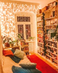 a living room filled with furniture and lots of bookshelves covered in christmas lights