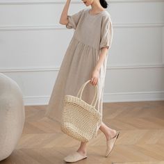 "Cool and comfortable for hot summer days, this natural linen dress is elegant and stylish. It is a wonderful wardrobe staple that's a timeless classic you'll wear again and again.Pure natural linen materials, comfortable, breathable, refreshing and soft fabric. All our items are Tailored and Handmade and Made to Order ,I can make Any Size . I design new styles every week, please collect my store. I believe that you will meet your favorite styles. ★★FEATURES Linen 55% + Cotton 45% ( Medium Weight，Comfortable, Breathable and Washed Soft fabric) Two side pockets Round neckline Short sleeve Pleated waist details Loose linen dress Casual dress Simple dress Perfect for Summer, Spring ★★Size Chart: ❤ Size chart is the garment's measurements, Not body measurements . One size: Bust: 112cm/44.09\", Casual Linen Maxi Dress For Spring, Casual Ramie Linen Spring Dress, Beige Linen Dress For Spring Day Out, Spring Beige Linen Dress For Day Out, Casual Linen Maxi Dress, Beige Cotton Linen Dress For Vacation, Natural Linen Dress For Vacation, Summer Beige Linen Midi Dress, Spring Linen Dress In Neutral Color