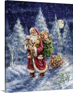 a painting of santa claus carrying gifts in the snow