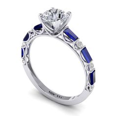 Forever One Moissanite Blue Sapphire Baguettes and Diamonds Engagement Ring 14k White Gold CENTER STONE: Shape: Round Cut Forever One Moissanite by Charles & Colvard Carats: Approx. 1.00 ct Measurements: 6.5 mm Clarity: Clean VVS-VS Color: White - G-H SIDE DIAMONDS: Shape: Round Brilliant Cut 100% Natural Diamonds Number of Stones: 6 Total Carat Weight: 0.12 ct Color & Clarity: G-H, VS-SI SIDE STONES: Shape: Blue Sapphire Baguette Cut Stones Number of Stones: 6 Total Carat Weight: 0.30 ct Color Luxury White Gold Sapphire Ring Channel Set, Luxury Blue Sapphire Ring Channel Set, Luxury Blue Channel Set Sapphire Ring, Luxury Blue Rings With Channel Set, Luxury Blue Channel Set Rings, Blue Diamond Ring For Evening, Luxury Blue Rings For Evening, Elegant Platinum Sapphire Ring Channel Set, Elegant Round Sapphire Ring With Channel Set