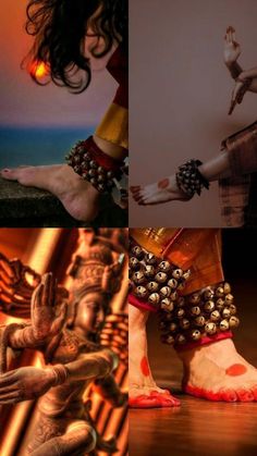 three different pictures of feet and hands with jewelry on them